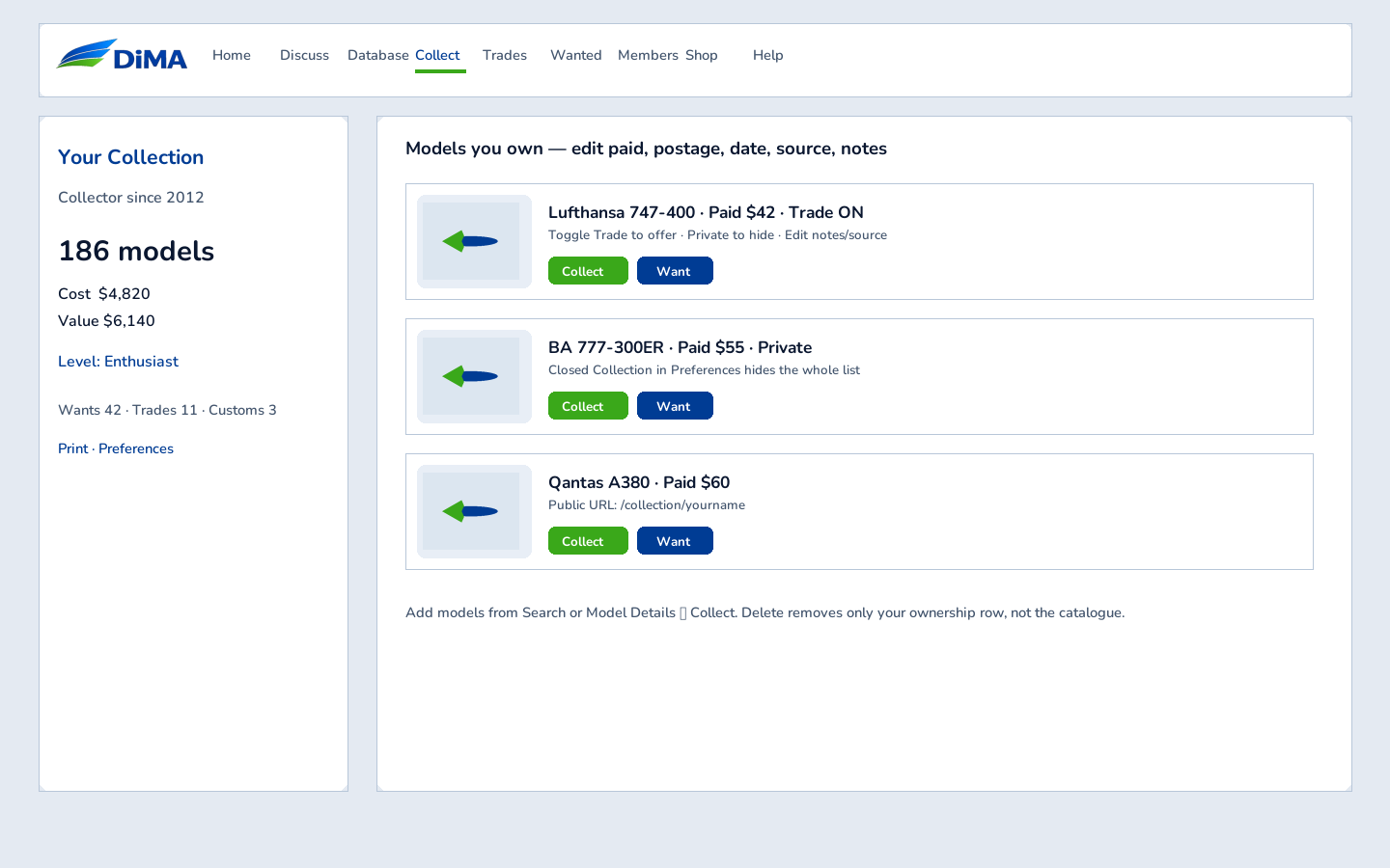 Collection page with sidebar stats and model list