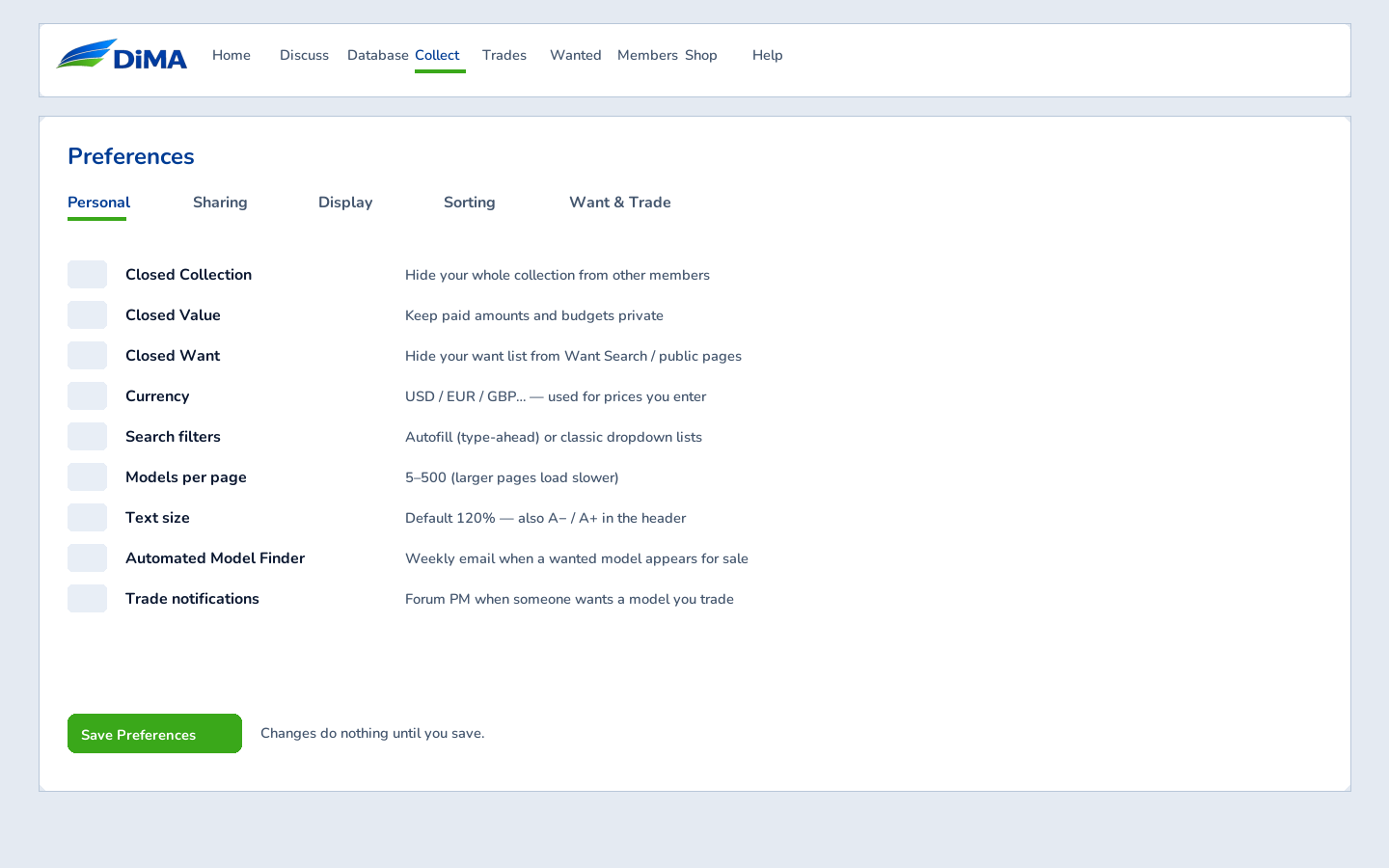 Preferences personal tab with privacy toggles