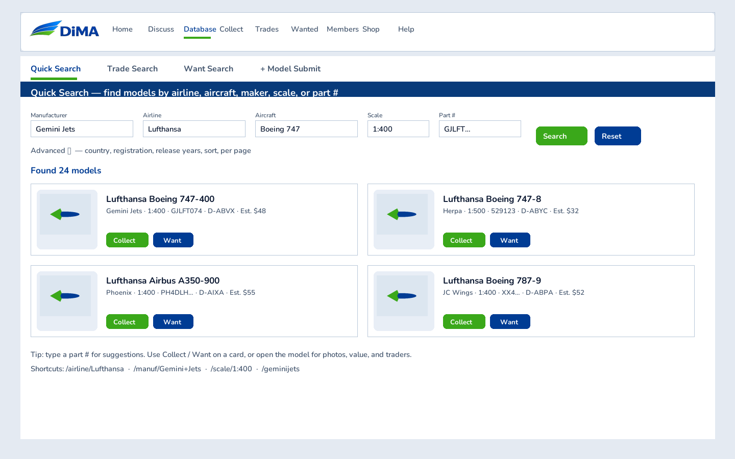 Quick Search filter bar and model result cards
